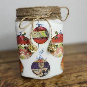 Christmas Wishes Ornament Pattern Glass Jar and Lid, Jingle Bells Twine Accents